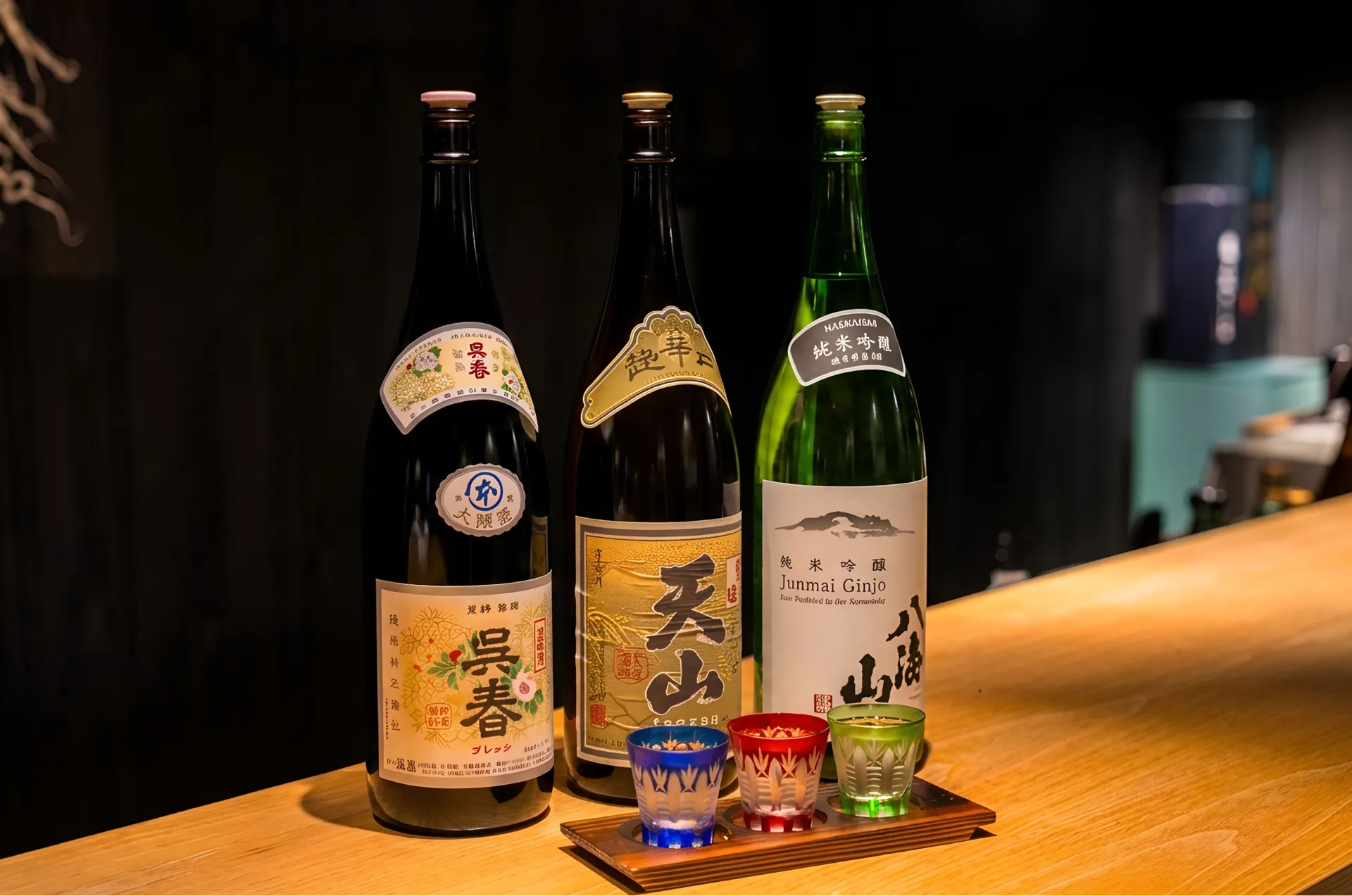 カウンターに並ぶ日本酒の一升瓶と切子のグラス