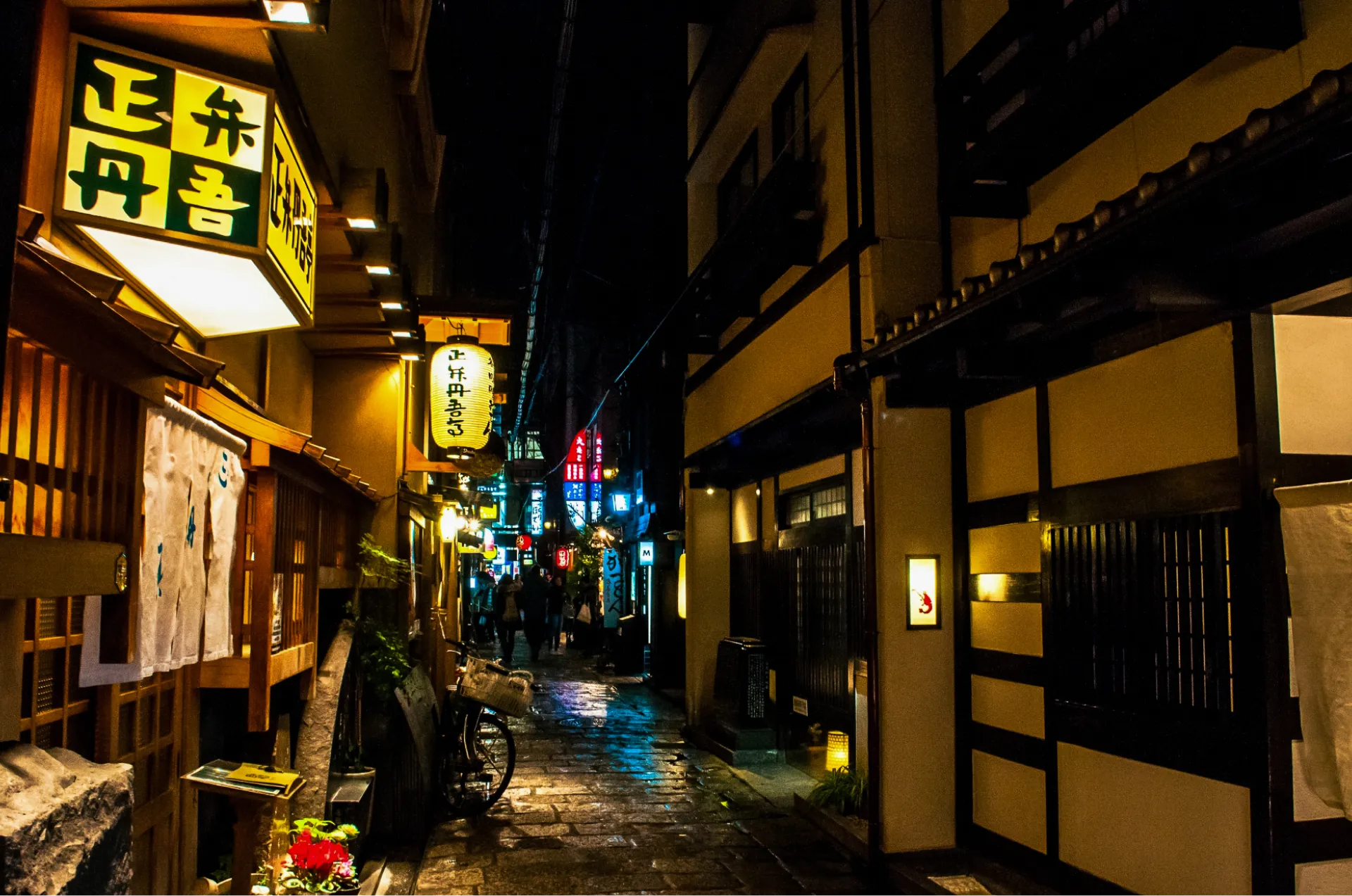 夜の法善寺横丁の石畳の路地